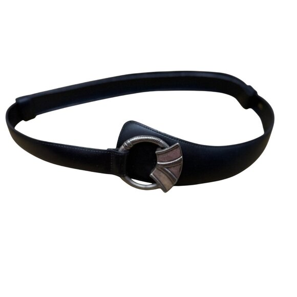 Vintage Chicos Black Leather Statement Belt Silver Ring Adjustable Size ML SA - Picture 3 of 6